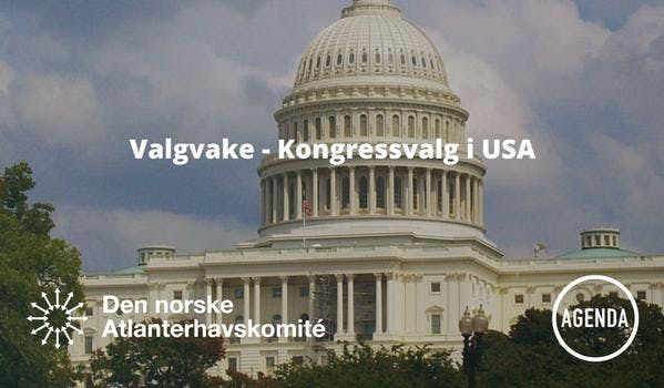 Bilde av kongressbygningen i USA med tekst og logoer over