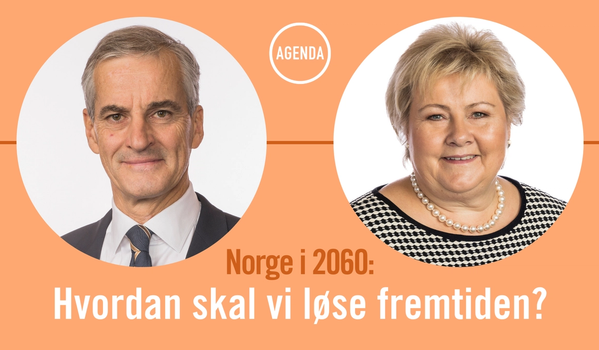 To portrettbilder i sirkler. Det til venstre er av Jonas Gahr Støre, foran en hvit bakgrunn ikledd mørk dress og stripete slips. Til høyre er Erna Solberg, foran hvit bakgrunn, ikledd svart og hvit mønstret bluse og perlekjede. Resten av bildet er oransje. 