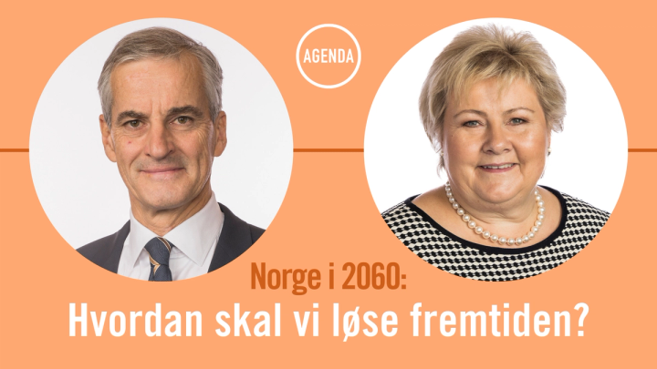 To portrettbilder i sirkler. Det til venstre er av Jonas Gahr Støre, foran en hvit bakgrunn ikledd mørk dress og stripete slips. Til høyre er Erna Solberg, foran hvit bakgrunn, ikledd svart og hvit mønstret bluse og perlekjede. Resten av bildet er oransje. 