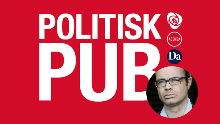 Hvit tekst på rød bakgrunn. Til høyre er det logoene til arbeiderpartiet, Tankemsien Agenda og Dagsavisen. I høyre hjørnet er det bilde av Hand Olav Lahlum, han har på seg briller og ser tankefullt forbi kameraet.