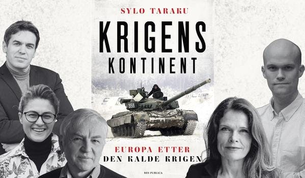 To kvinner og tre menn på hver sin side av en bok. Boken er hvit, med en tanks, og skriften "Krigens kontinent".